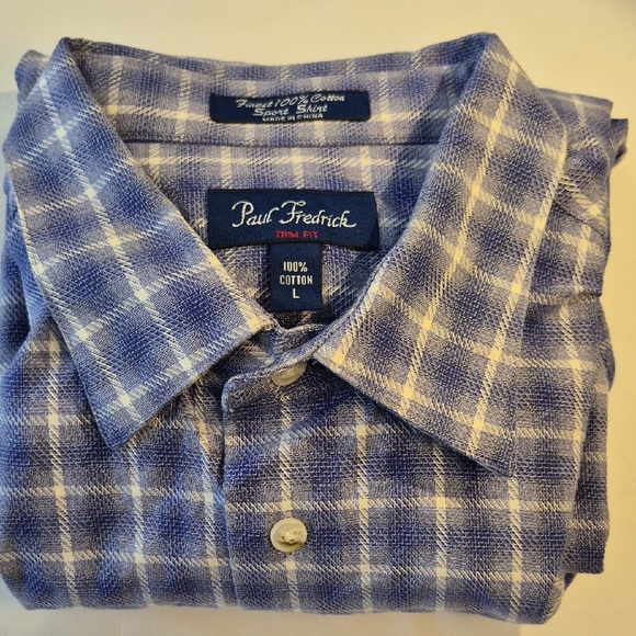Paul Fredrick Long Sleeve Button Down Purple and White Plaid Men's Shirt - Picture 11 of 15